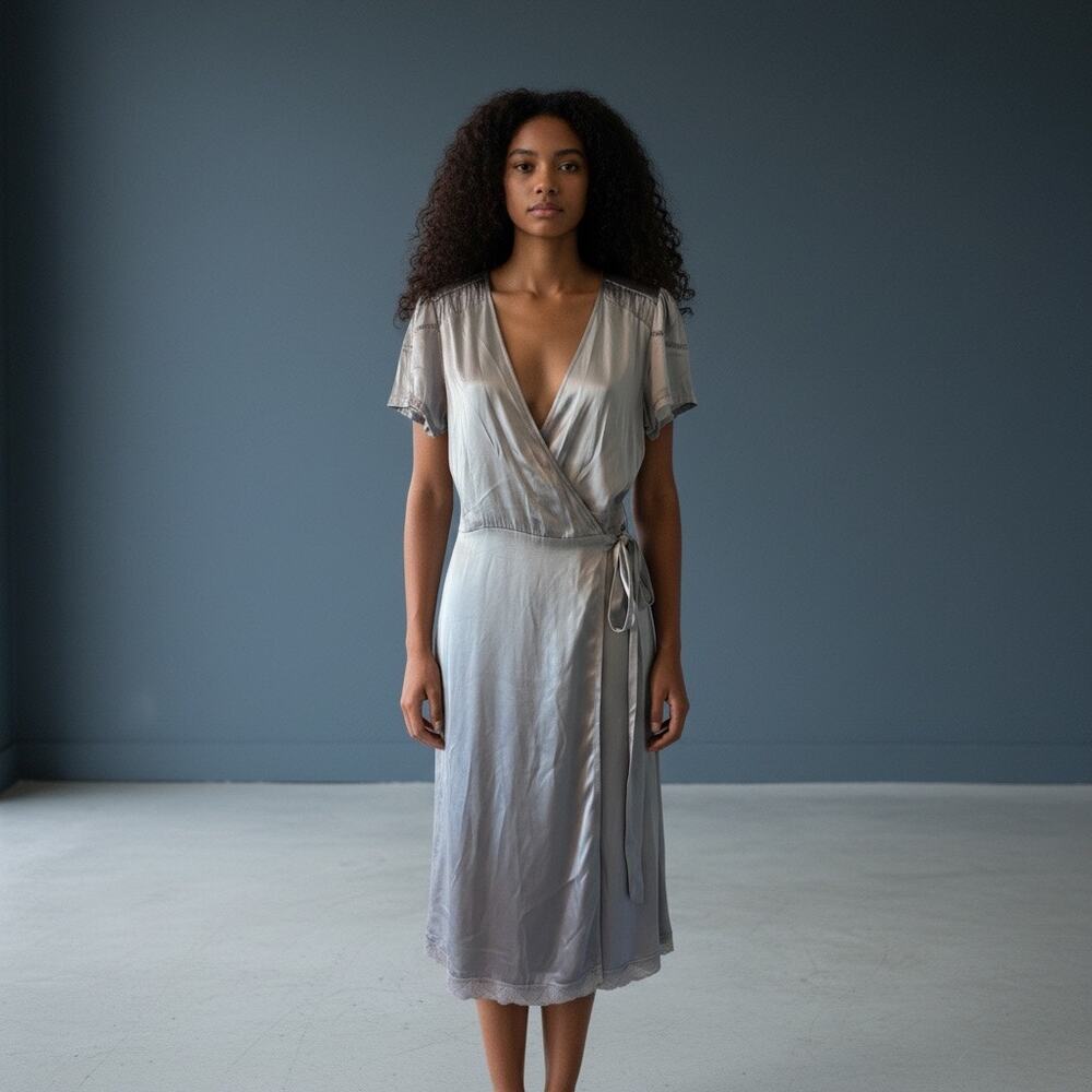 Calypso Christiane Celle Silk Wrap Dress – Size L (Champagne/Steel Gray)